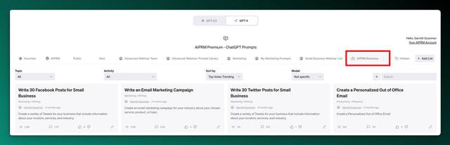 Screenshot of AIPRM's Small Business Prompt Starter Pack