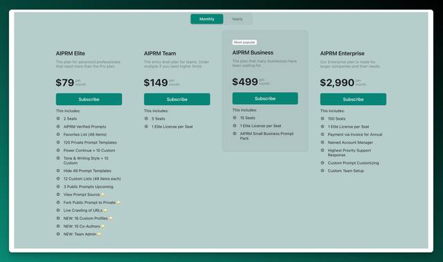 Screenshot if AIPRM's Business Plan pricing page with pricing subject to change.