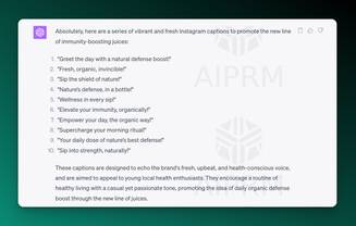 Screenshot of ChatGPT output for a prompt on social media posts:

Absolutely, here are a series of vibrant and fresh Instagram captions to promote the new line of immunity-boosting juices:

&quot;Greet the day with a natural defense boost!&quot;
&quot;Fresh, organic, invincible!&quot;
&quot;Sip the shield of nature!&quot;
&quot;Nature’s defense, in a bottle!&quot;
&quot;Wellness in every sip!&quot;
&quot;Elevate your immunity, organically!&quot;
&quot;Empower your day, the organic way!&quot;
&quot;Supercharge your morning ritual!&quot;
&quot;Your daily dose of nature’s best defense!&quot;
&quot;Sip into strength, naturally!&quot;
These captions are designed to echo the brand's fresh, upbeat, and health-conscious voice, and are aimed to appeal to young local health enthusiasts. They encourage a routine of healthy living with a casual yet passionate tone, promoting the idea of daily organic defense boost through the new line of juices.




AIPRM Premium - ChatGPT Prompts
  Favorites
  AIPRM
Public
Own
My Marketing Prompts
My Marketing Team
Small Business Webinar List
  Hidden
  Add List
Topic

All
Activity

All
Sort by

Top Votes Trending
Model

Not specific

Search
Prompts per Page

12
Showing 1 to 12 of 38 Prompts
Prev
Next

Social Media Content Calendar (40 Posts)
Copywriting / Marketing
·
Garrett Sussman
·
1 month ago
GPT-3.5-turbo GPT-4 Create an industry specific social media content calendar for the social media platform of your choice.

  677
  461
  1

Customer Support Response Email for Small Business
Productivity / Respond
·
Garrett Sussman
·
1 week ago
GPT-3.5-turbo GPT-4 Upload your customer's email and generate an empathetic and helpful email response from ChatGPT.

  60
  33
  0

Generative AI Company Training Docs
Productivity / Plan
·
Garrett Sussman
·
1 week ago
GPT-3.5-turbo GPT-4 Create generative AI content training documents for your small business depending on industry.

  173
  36
  0

The Complete Small Business Marketing Plan
Marketing / Marketing
·
Garrett Sussman
·
1 week ago
Live Crawling GPT-3.5-turbo GPT-4 Create a marketing plan for your small business

  5
  4
  0

LinkedIn Direct Message - Sales
Copywriting / Outreach
·
Garrett Sussman
·
3 weeks ago
GPT-3.5-turbo GPT-4 Create a direct message for a LinkedIn connection that has a personalized aspect and is customized to include or avoid a sales pitch.

  252
  127
  0

Summarize an Article
Productivity / Summarize
·
Garrett Sussman
·
1 month ago
Live Crawling GPT-3.5-turbo GPT-4 Summarize an article using Live Crawling of a URL. Get a summary, top bullet points and statistics.

  194
  149
  0

Transform Complex Text into Simple Explanations
Productivity / Summarize
·
Garrett Sussman
·
2 weeks ago
GPT-3.5-turbo GPT-4 Submit content from textbooks, articles, and academic papers and have them explained to you at your desired education level.

  136
  51
  0

Email Review Request Campaign
Marketing / Writing
·
Garrett Sussman
·
1 month ago
GPT-3.5-turbo GPT-4 Create a review request email marketing campaign for your industry about your service or product.

  52
  22
  0

Thank You Note to Prospect - Sales
Copywriting / Persuade
·
Garrett Sussman
·
3 weeks ago
GPT-3.5-turbo GPT-4 Write a thoughtful and personalized thank you note to your prospect that addresses the type of communication, what you want to thank them for, specific detail from the interaction, and a reminder about the value or benefit your product/service offers.

  98
  42
  0

Sales - Lead Qualification Procedure
Productivity / Plan
·
Garrett Sussman
·
3 weeks ago
GPT-3.5-turbo GPT-4 Create a Standard Operating Procedure (SOP) Lead Qualification for my Small Business

  84
  43
  0

Target Audience Report Creation
Marketing / Research
·
Garrett Sussman
·
3 days ago
GPT-3.5-turbo GPT-4 Create a Target Audience Report that asks you 3 questions and determines the best information you need to know to create a well designed Target Audience Assessment.

  23
  9
  0

Make a Twitter thread for Blog Posts
Marketing / Marketing
·
Garrett Sussman
·
4 weeks ago
Live Crawling GPT-3.5-turbo GPT-4 Provide the URL of your blog and generate a thread for Twitter that includes a summary of your article starting with a compelling hook intro and ending with a CTA to follow you and read the article.

  47
  25
  0

Add Private Prompt
Prompts per Page

12
Showing 1 to 12 of 38 Prompts
Prev
Next
