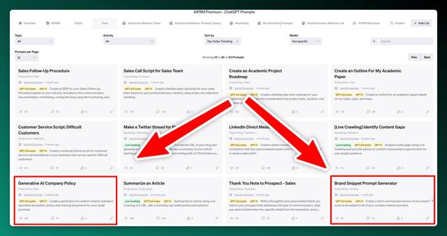 Screenshot of AIPRM highlighting prompts for brand snippet generators and generative AI company policy prompts.