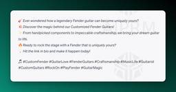Screenshot of AIPRM prompt for Instagram Carouse Output hashtags and CTAs for a customized Fender Guitar