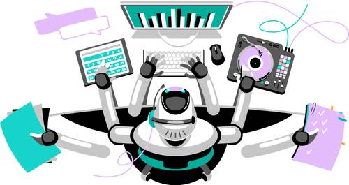 An illustration of a robot doing many tasks on a computer.