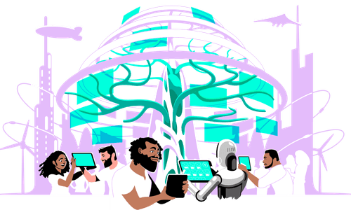 Digital Illustration of people on devices in front of a futuristic tree in a futuristic city.